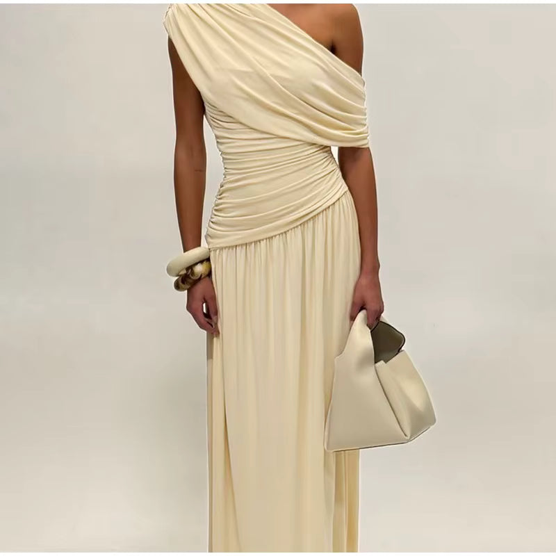 Elegant Lang Kjole til Kvinder | Asymmetrisk Skulder | Foldedesign