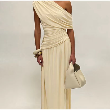 Elegant Lang Kjole til Kvinder | Asymmetrisk Skulder | Foldedesign