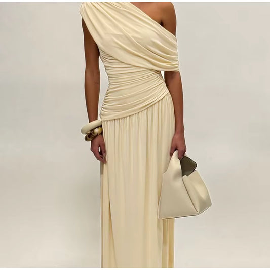Elegant Lang Kjole til Kvinder | Asymmetrisk Skulder | Foldedesign