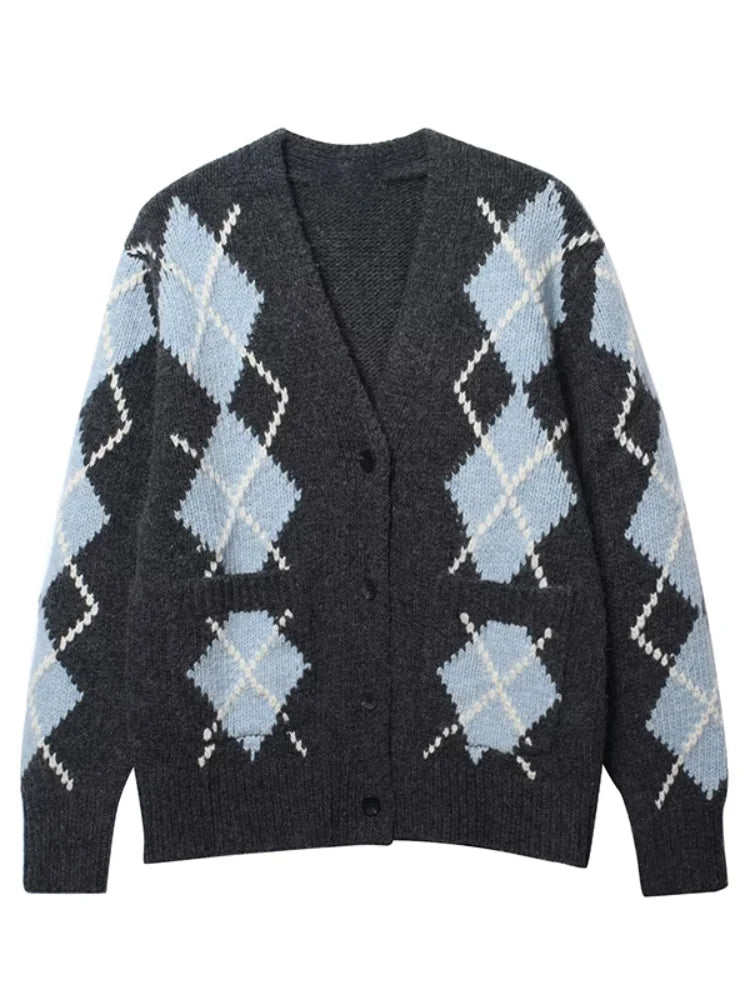 Elegant Vintage Argyle Cardigan Med Løs Pasform