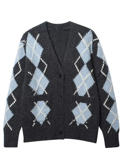 Elegant Vintage Argyle Cardigan Med Løs Pasform