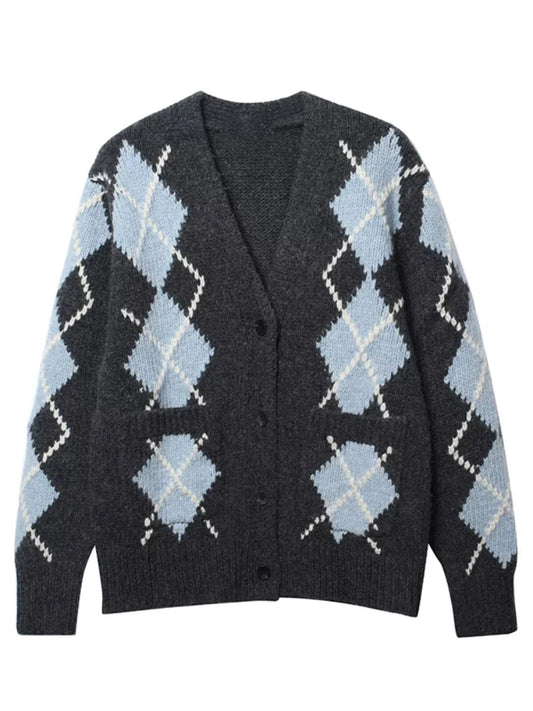 Elegant Vintage Argyle Cardigan Med Løs Pasform