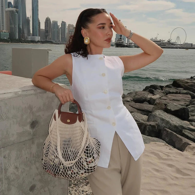 Skræddersyet ærmeløs vest til kvinder med knaplukning