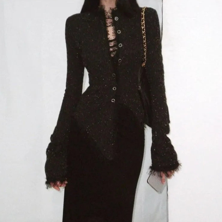 Elegant Sort Tweedjakke | Glitrende Slim Fit | Efterår & Vinter