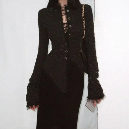 Elegant Sort Tweedjakke | Glitrende Slim Fit | Efterår & Vinter