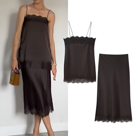 Todelt satinsæt til kvinder | Off-Shoulder cami-top og midi-nederdel med blonde