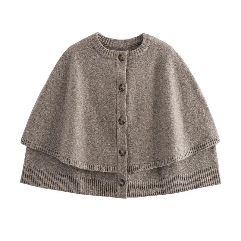 Kvinders strikket cape-cardigan | Kort design | Knaplukning & blød tekstur