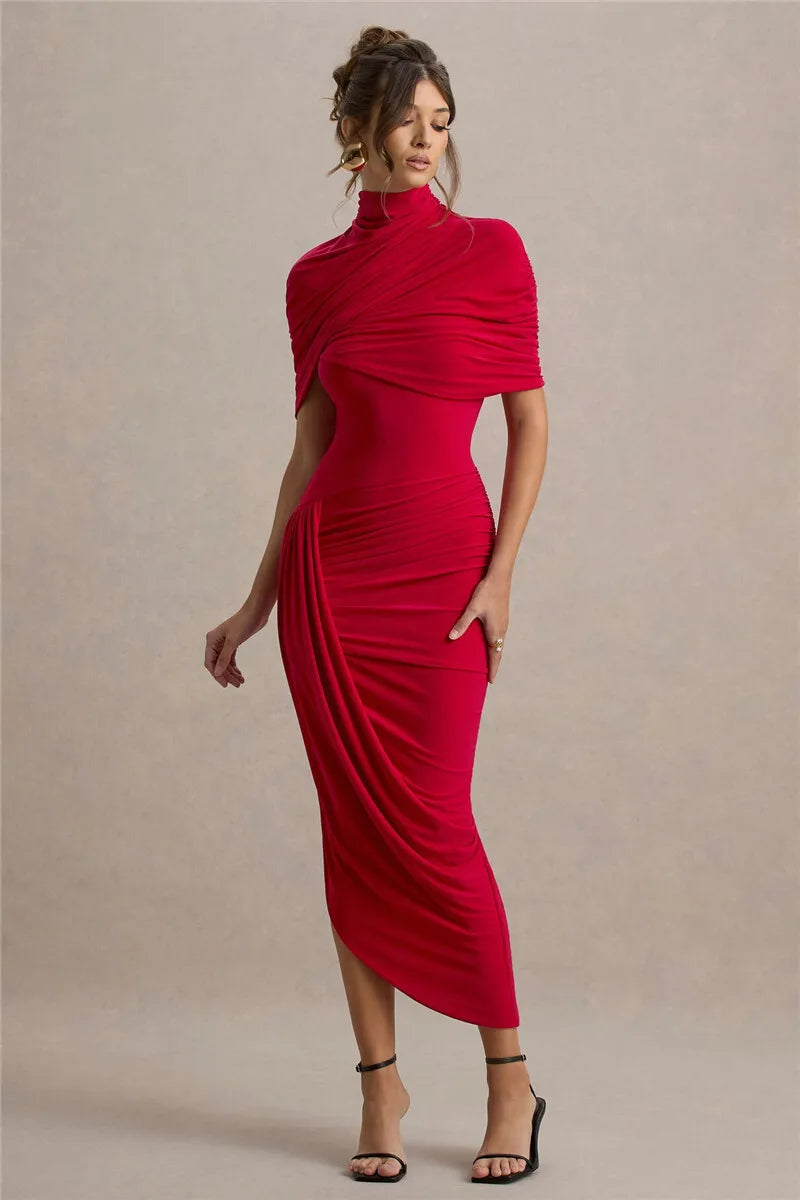 Half Sleeve Maxikjole | Backless & Rynket | Turtleneck A-Linje Kjole