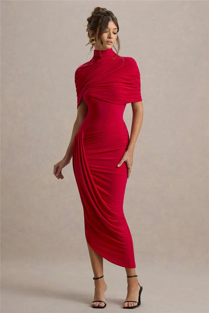Half Sleeve Maxikjole | Backless & Rynket | Turtleneck A-Linje Kjole