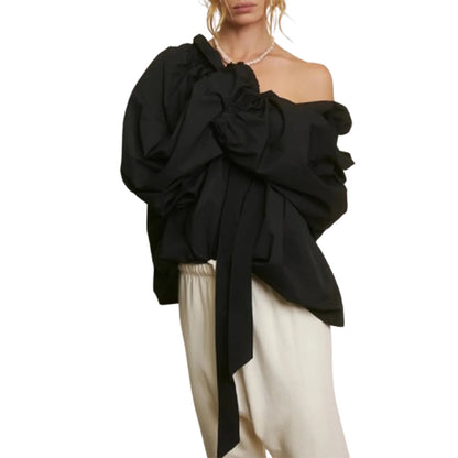 Elegant bluse til kvinder | Flæsekrave med sløjfe | Løs pasform