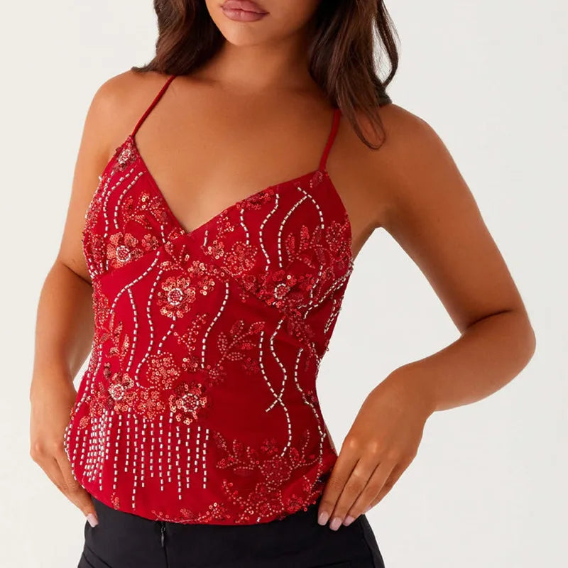 Sommer Sequin Halterneck Crop Top | Perlebesat Cami Tank Shirt