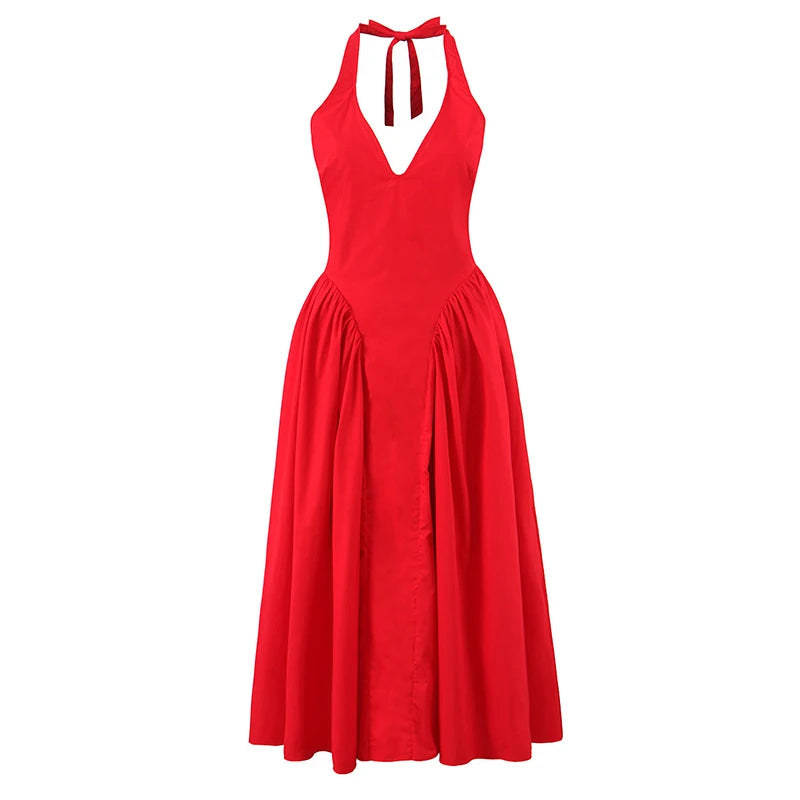 Halter midi kjole – Dyb V-udskæring | Åben ryg | Lav talje | A-line skørt | Elegant til events