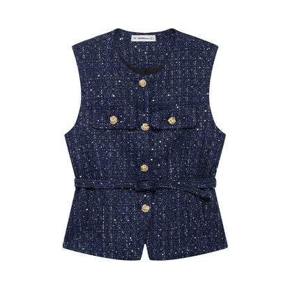 Ærmeløs vest til kvinder | Elegant taljeret design med bælte og guldknapper