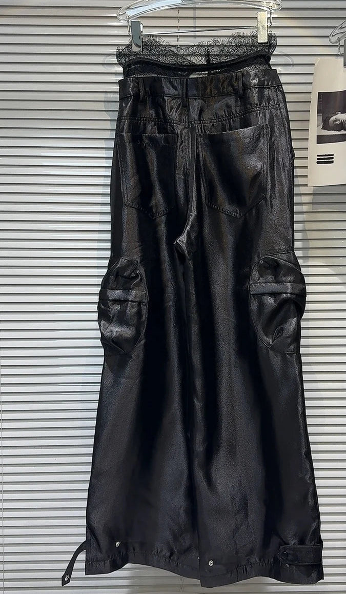 Elegant Casual Cargo Bukser Med Snøre- Og Blondekant