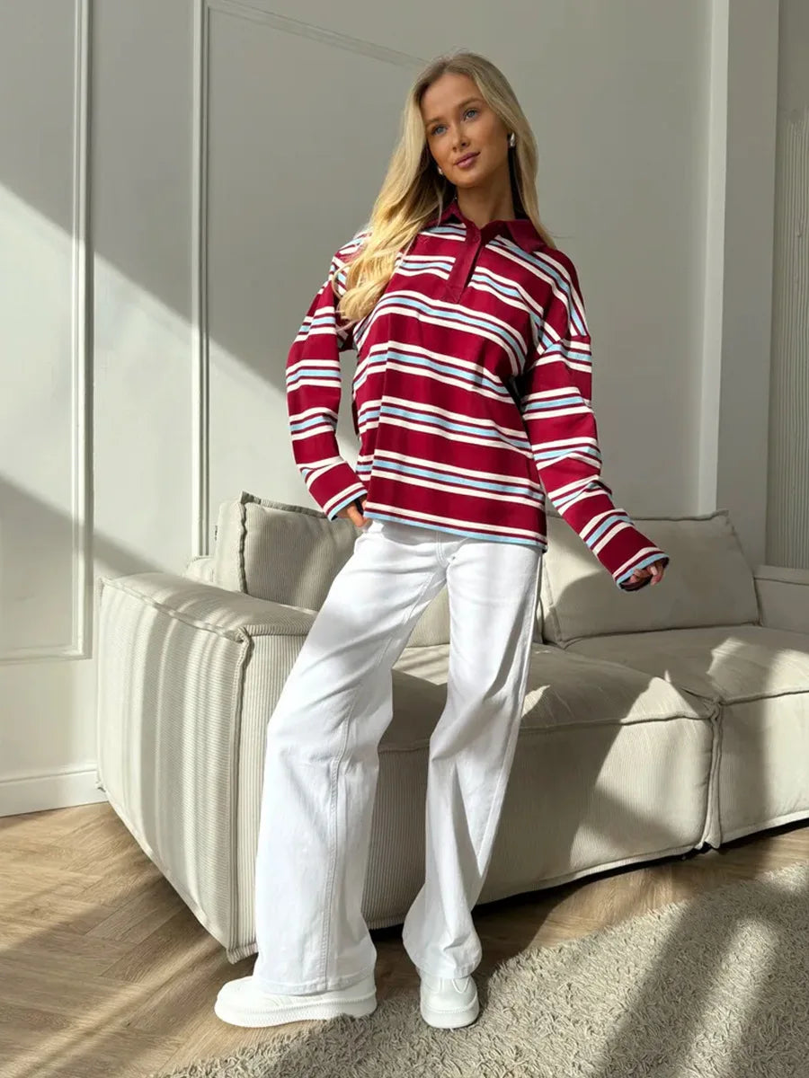 Langærmet T-shirt til Kvinder | Button Lapel | Stribet Casual Top | Slim Fit