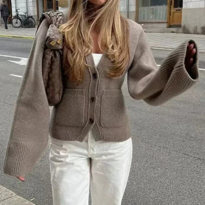 Uld Cardigan til Kvinder | V-hals | Fransk Afslappet Stil