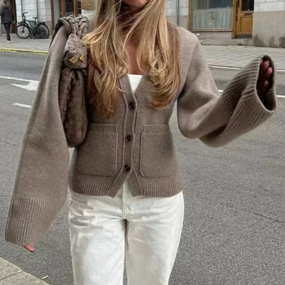 Uld Cardigan til Kvinder | V-hals | Fransk Afslappet Stil