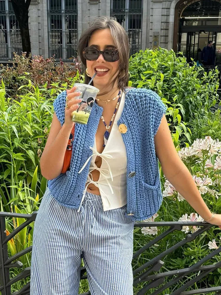 Dame vest i strik | Ærmeløs cardigan