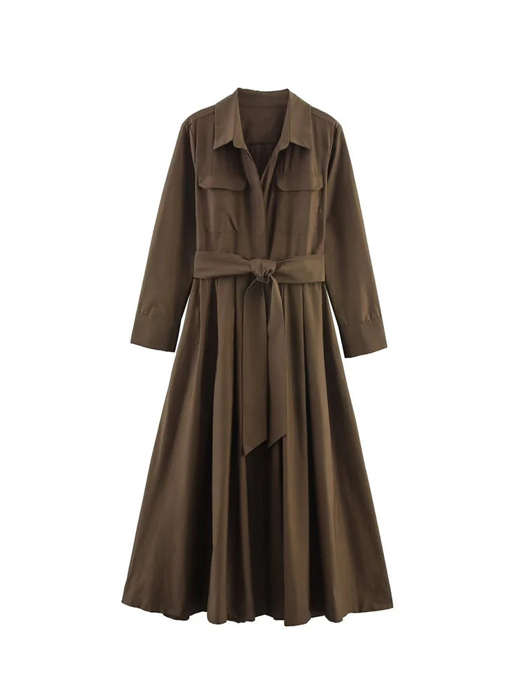 Elegant skjortekjole i midi-længde til kvinder med bindebælte og lange ærmer