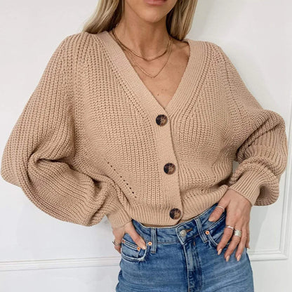 Elegant V-udskåret cardigan til kvinder | Strik med knapper | Løstsiddende pasform til efterår og vinter