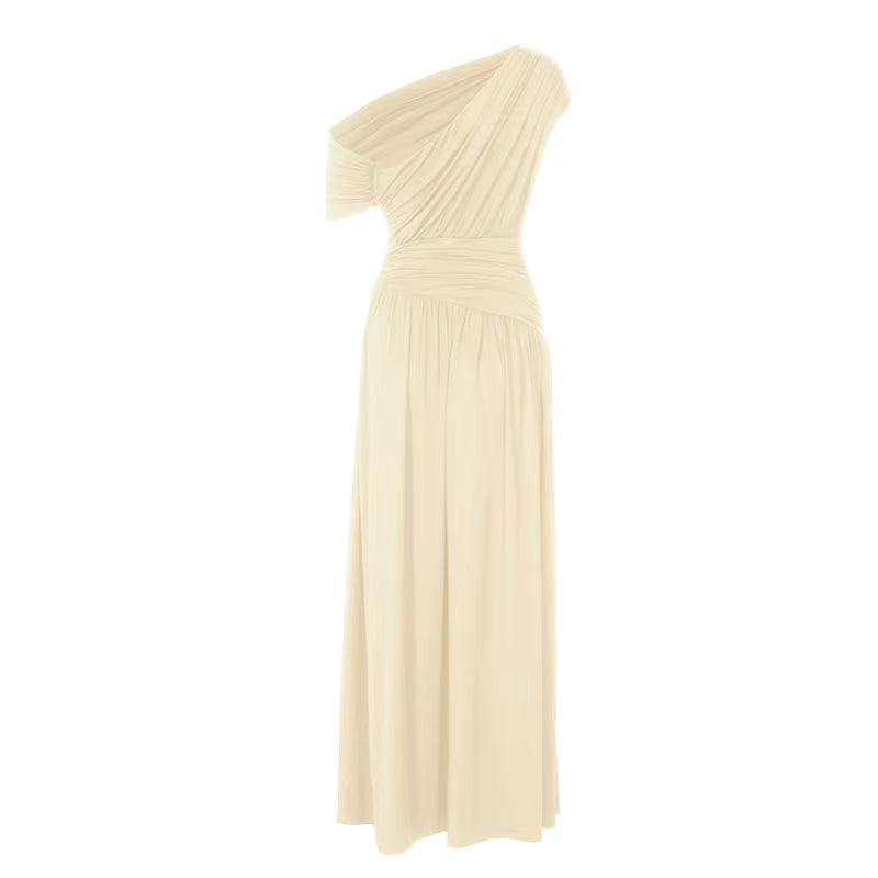 Elegant Lang Kjole til Kvinder | Asymmetrisk Skulder | Foldedesign