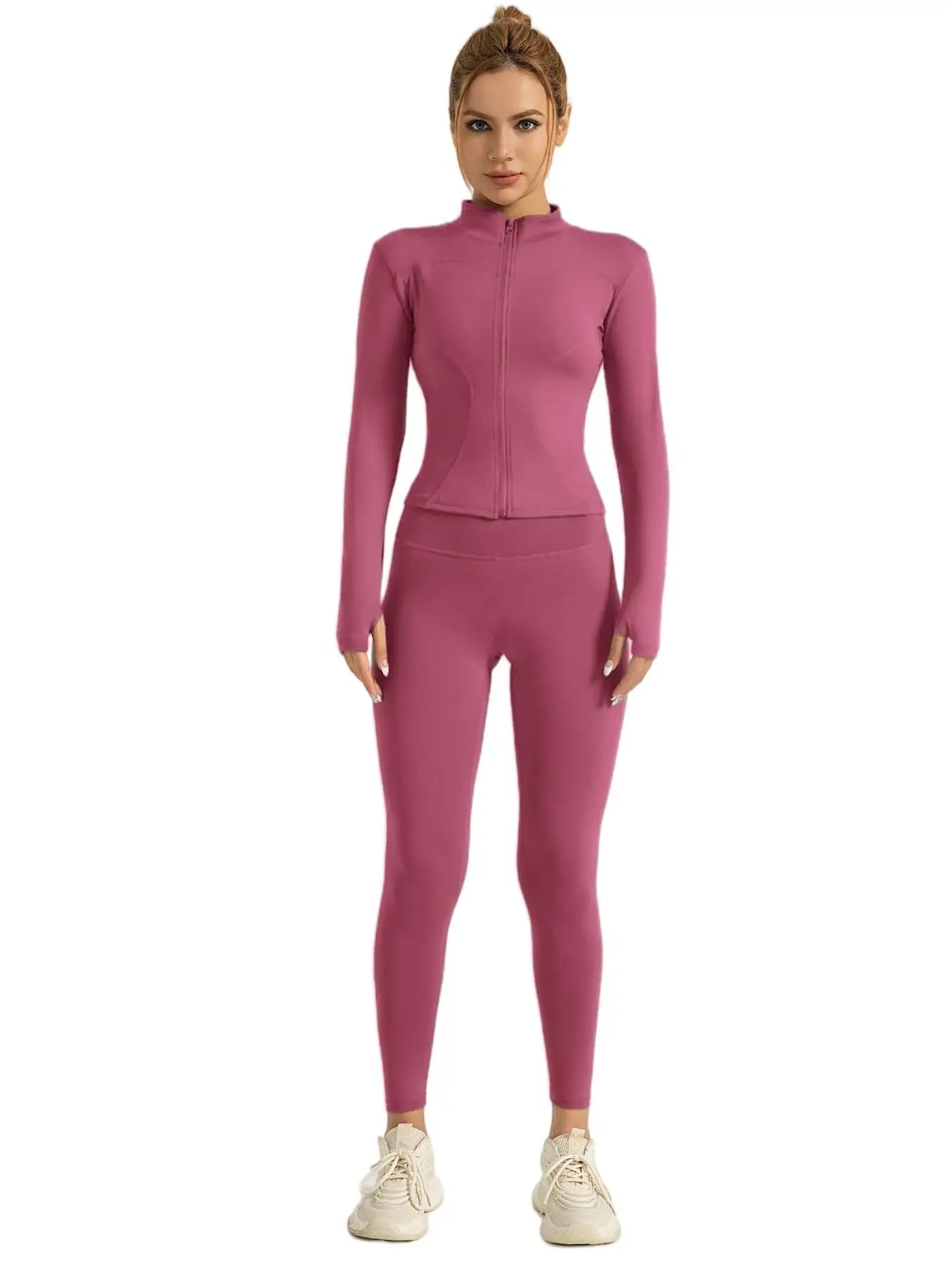 Kvinders todelt træningssæt | Lynlåsjakke med høj hals og højtaljede leggings