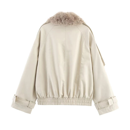 Kvinders kort jakke | Dobbelt knaplukning | Løst snit & imiteret pelskrave