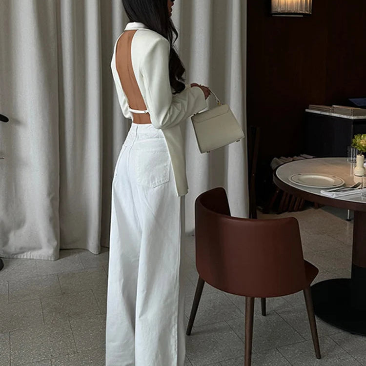 Elegant Hvid Blazer til Kvinder | Åben Ryg | Langærmet | Klassisk Business Jakke
