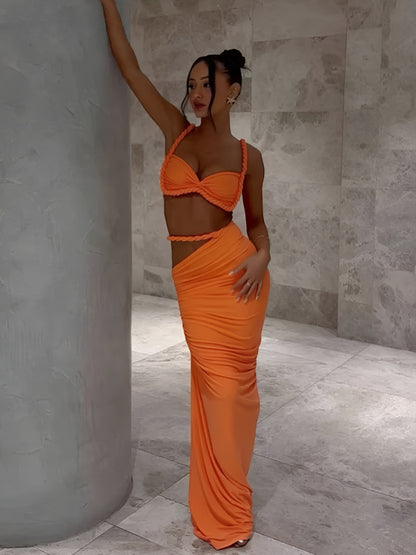 Vævet todelt sæt med crop top og maxinederdel | Elegant ferielook