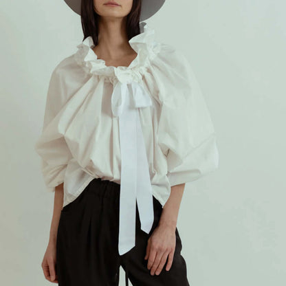 Elegant bluse til kvinder | Flæsekrave med sløjfe | Løs pasform