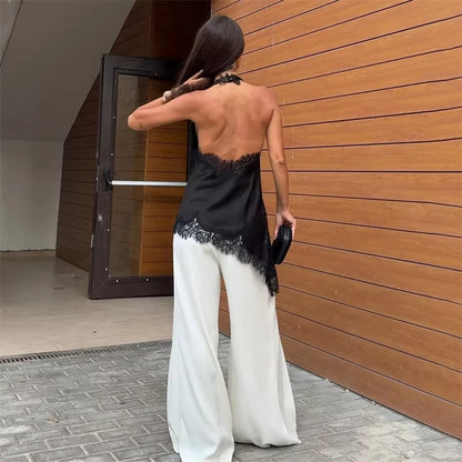 Sort satin top med blondekant | Asymmetrisk halterneck top til kvinder