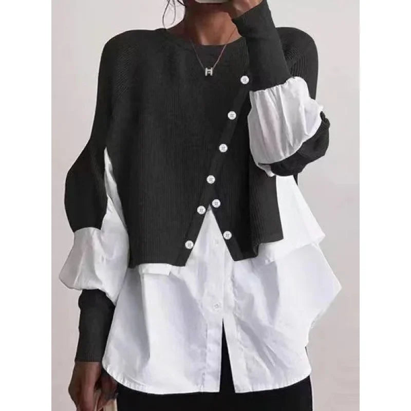 Striktrøje med Skjorte-Detalje | Patchwork Crew Neck Top | Elegant Dameoverdel