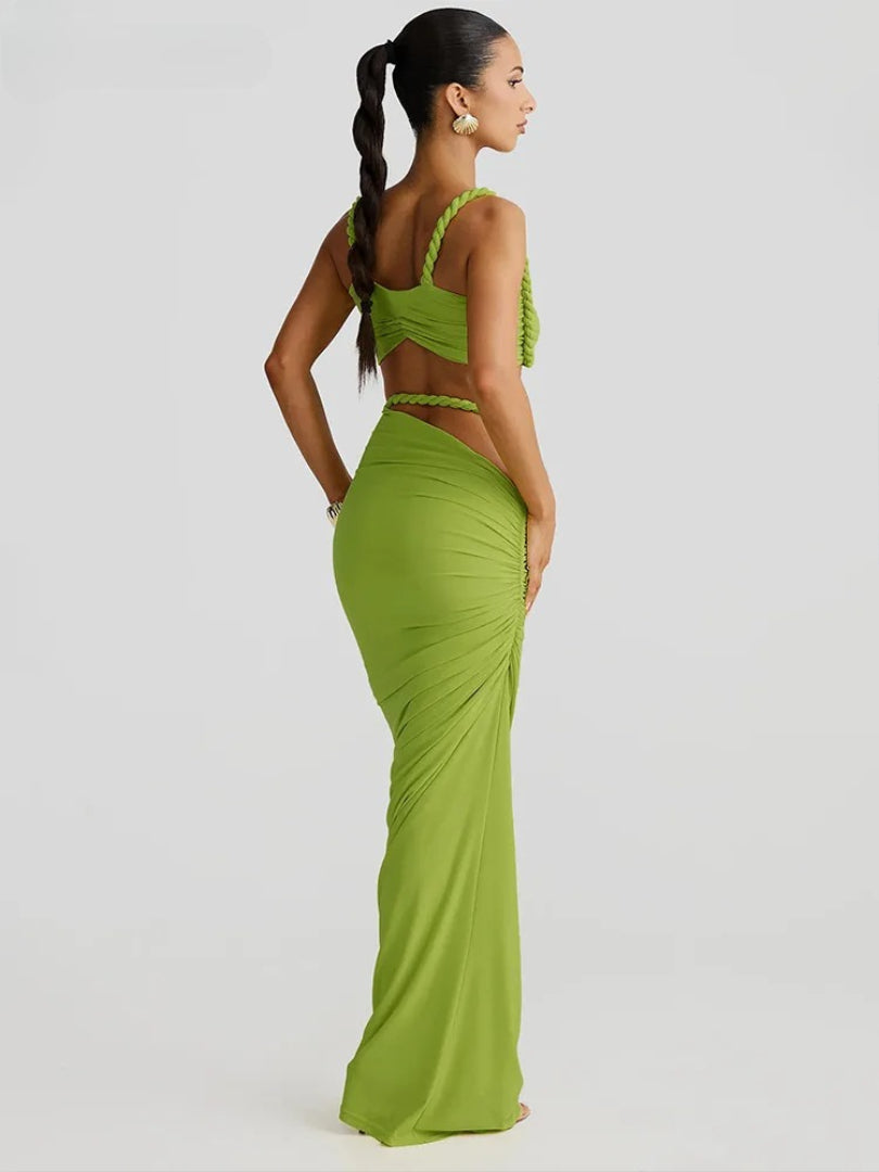 Vævet todelt sæt med crop top og maxinederdel | Elegant ferielook