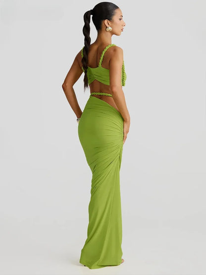 Vævet todelt sæt med crop top og maxinederdel | Elegant ferielook