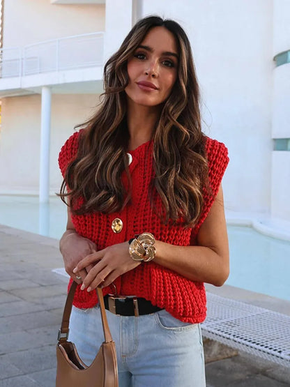 Dame vest i strik | Ærmeløs cardigan