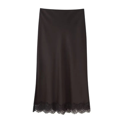 Todelt satinsæt til kvinder | Off-Shoulder cami-top og midi-nederdel med blonde