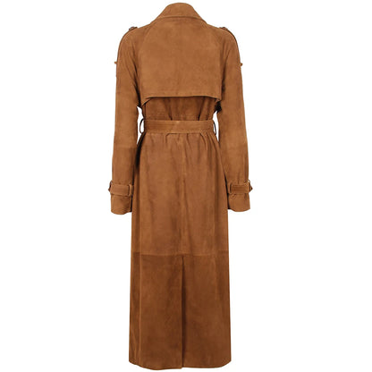 Dobbelt­radet trenchcoat i ægte ruskindslæder til kvinder