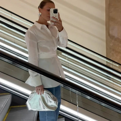 Langærmet Dame Bomuld Skjorte | Turn-Down Krave | Enkel Knaplukning | Slim Fit Afslappet Top