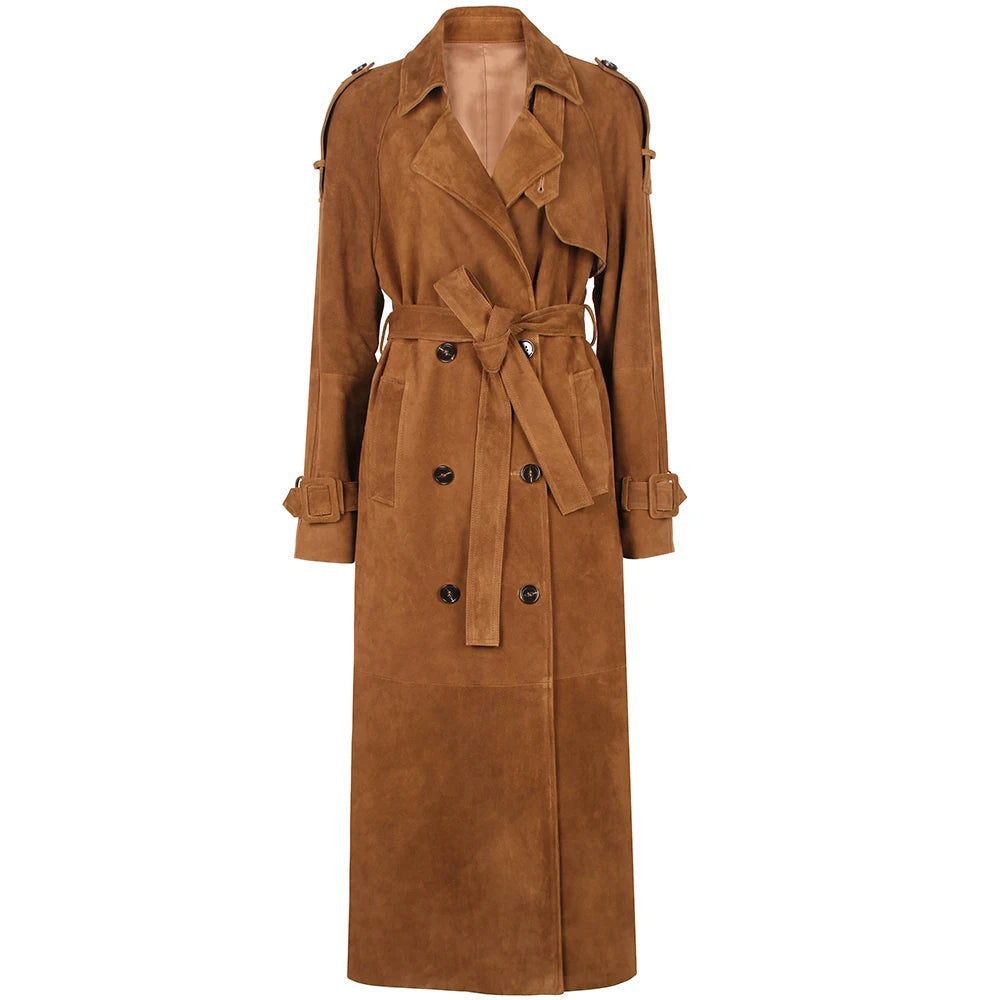 Dobbelt­radet trenchcoat i ægte ruskindslæder til kvinder