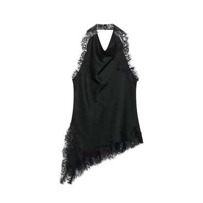 Sort satin top med blondekant | Asymmetrisk halterneck top til kvinder