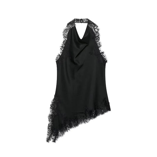 Sort satin top med blondekant | Asymmetrisk halterneck top til kvinder