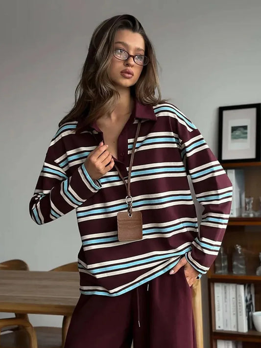 Langærmet T-shirt til Kvinder | Button Lapel | Stribet Casual Top | Slim Fit