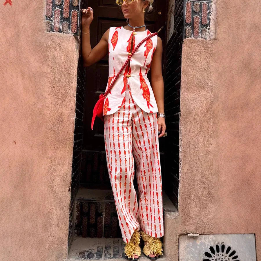 Mønstret todelt sæt til kvinder med ærmeløs top og lige bukser