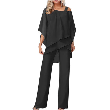 Kvinders Off-Shoulder Buksedragt i Let Lag-Poncho Stil | Elegant To-delt Sæt til Fest og Hverdag