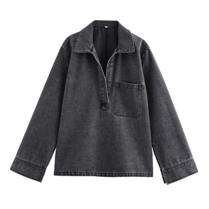 Casual todelt denimlook | Top med krave og højtaljede bukser til kvinder