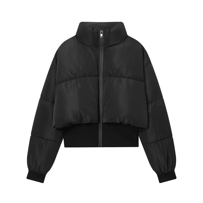 Kort Pufferjakke til Kvinder | Sort Quiltet Bomberjakke med Lynlås