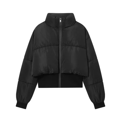 Kort Pufferjakke til Kvinder | Sort Quiltet Bomberjakke med Lynlås