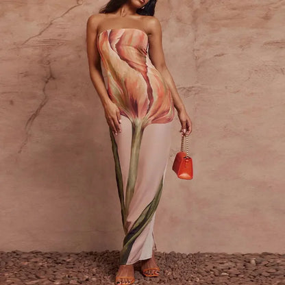 Stropløs lang kjole med kunstnerisk print og elegant silhuet