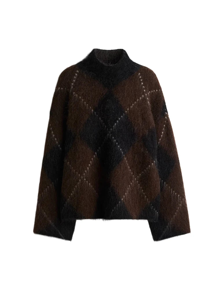 Dame rullekravesweater i diamantstrik | Løs pasform | Varm efterårs-/vintertrøje