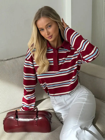 Langærmet T-shirt til Kvinder | Button Lapel | Stribet Casual Top | Slim Fit